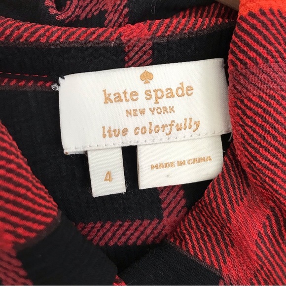 KATE SPADE Women's Red Plaid Ruffle Long Sleeve Silk Blouse Size 4 - Picture 9 of 15